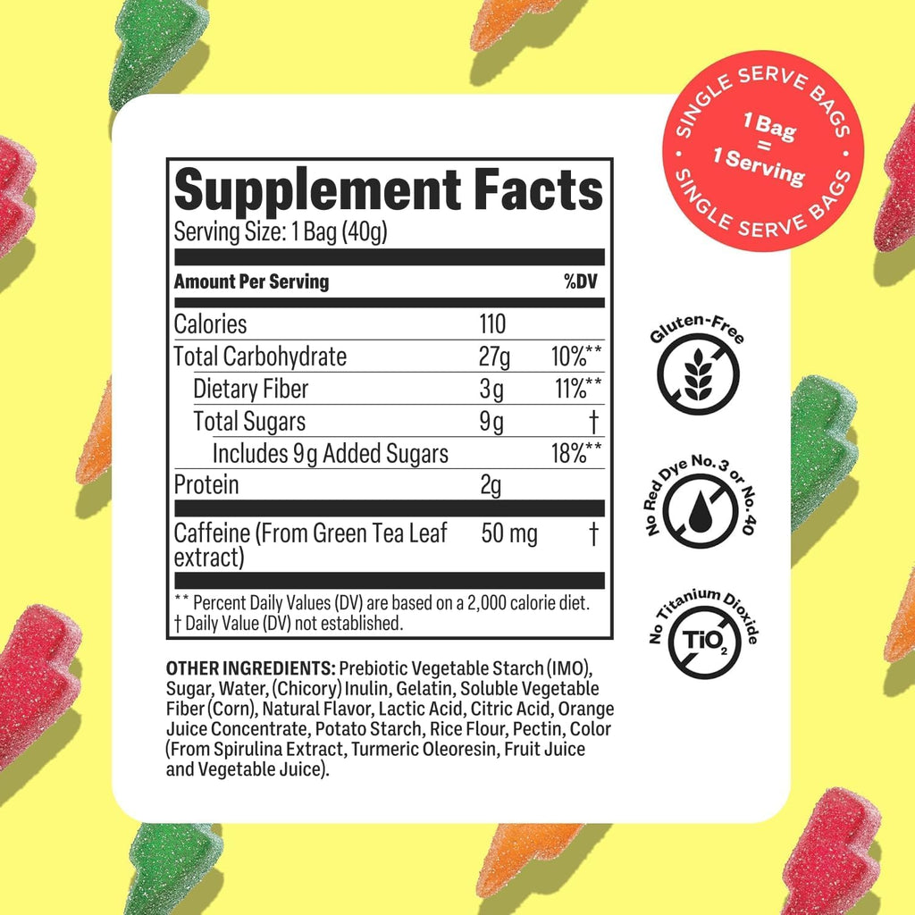 Tandy Energy Bursts Caffeine Gummies I Energy Boost Gummies with Zesty Fruit Blast Flavor I Caffeine from Green Tea Extract I Gluten-Free Fast-Acting Dietary Supplement Gummy I 6-Pack