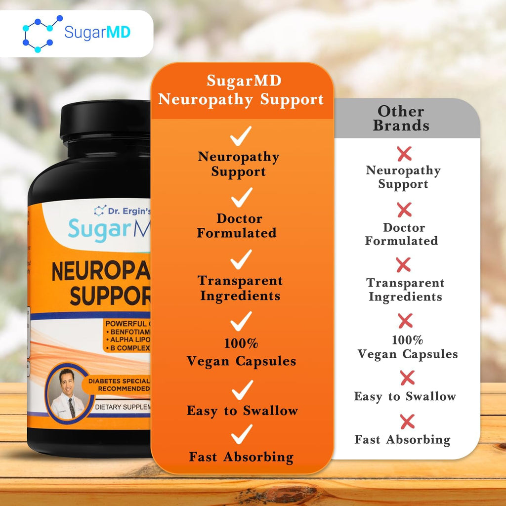 SugarMD Neuropathy Support Supplement – 180 Nerve Supplement Capsules with Alpha Lipoic Acid, Benfotiamine & Vitamin D3 B6 B12 - Nerve Support Supplement for Feet Hands Fingers & Legs - 90 Day Supply
