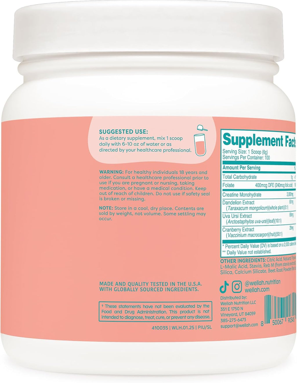 Wellah Creatine for Women - Creatine Monohydrate with Dandelion & Cranberry Extract (100 Servings, Strawberry Lemonade)