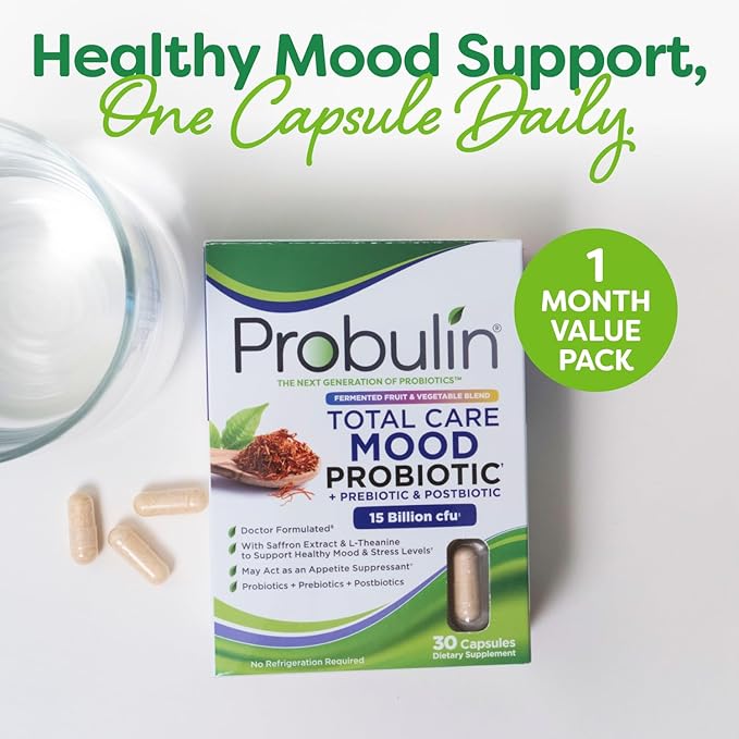 Probulin Mood Probiotics for Women with Saffron, L Theanine, Probiotic, Prebiotic, Postbiotic - Mood Support Supplement & Gut Support - Vegan, Non GMO, 30 Capsules