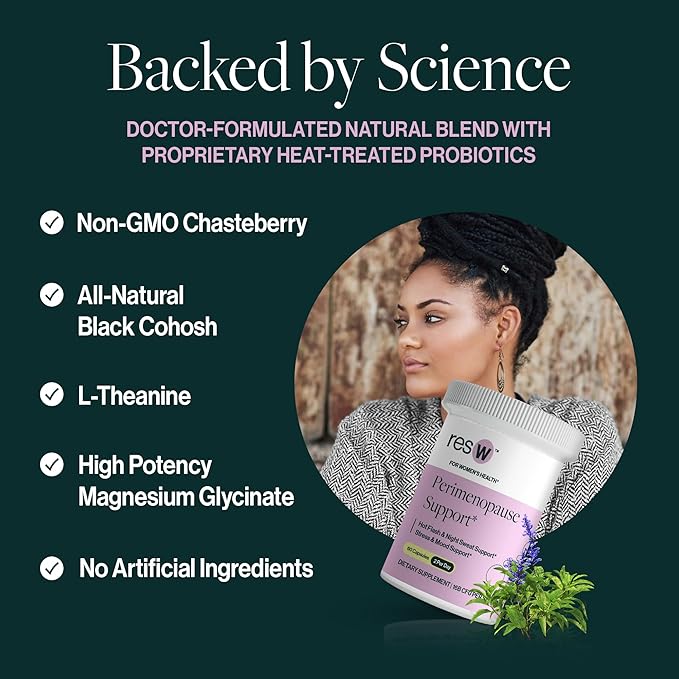 resW Perimenopause Postbiotic Supplement for Women - Hot Flash Support, Night Sweat Relief, Hormone Free, Vegan, Gluten Free, Non GMO, Plant Based Gut Health Support - 60 Capsules