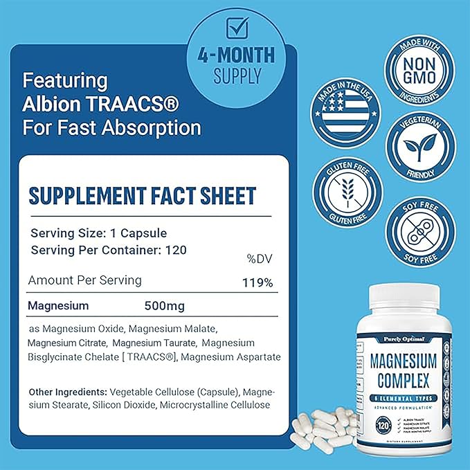 Purely Optimal Magnesium Complex - 6 Forms Magnesium Glycinate, Citrate & Malate - Sleep Support, Stress Relief, Muscles, Heart Health & Relaxation - Magnesium Supplement for Women & Men, 120 Caps