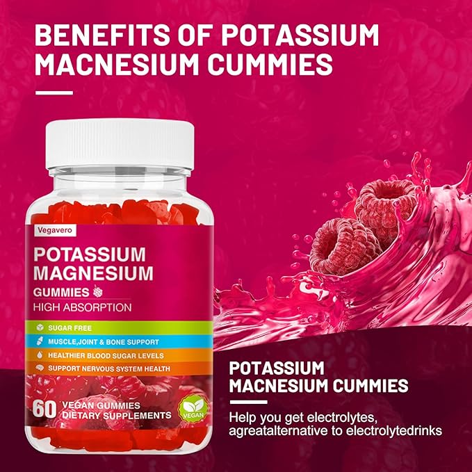 Potassium Magnesium Gummies - High Absorption Magnesium Glycinate & Potassium Citrate Plus Coenzyme Q10, DHA, D3, Mineral & Calcium for Zzz, Leg Cramps & Muscle - 60 Raspberry Gummies