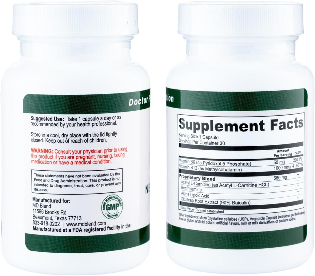 Neuropathy - Expert Formulated - Natural Blend for Optimal Nerve Wellness - Alpha Lipoic Acid, L-Carnitine, Vitamins B6 & B12, Skullcap Root, Acetyl L-Carnitine - 30 Capsules (1 Pack)