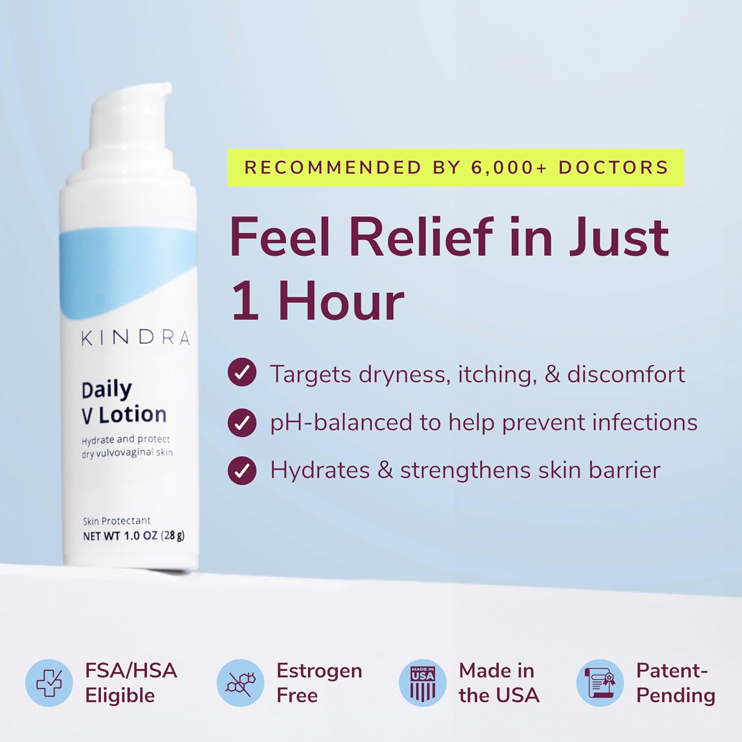 Kindra Daily V Moisturizer Lotion - Vaginal Cream For Vaginal Dryness, Feminine Care, Itch, Discomfort - Hormone Free, Gyn Tested, pH-balanced, Doctor Recommended - 60 Applications