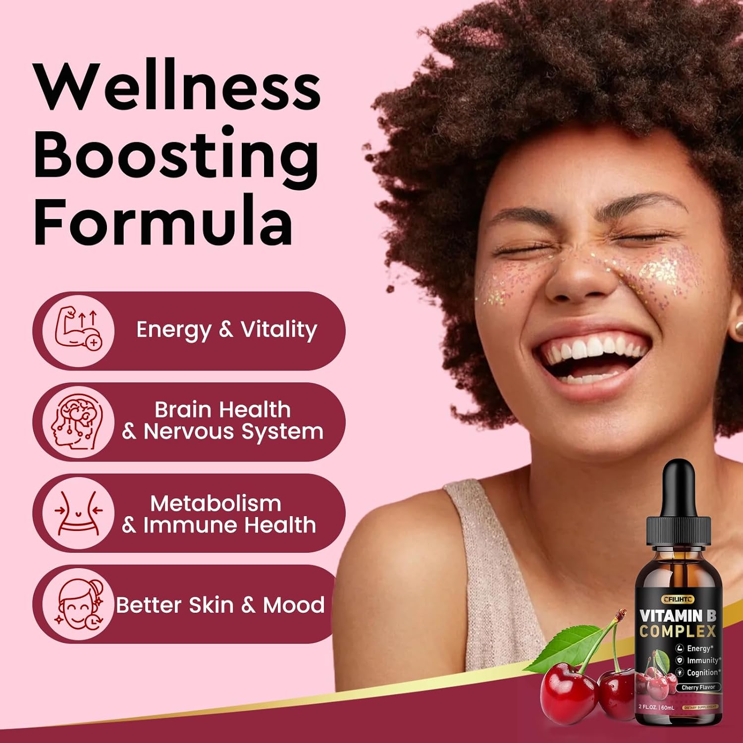 Vitamin B Complex Liquid Drops, B Vitamins Complex Supplement with B1, B2, B3, B5 B6, B7, B9 & Methyl B12 Drops for Adults & Kids, Vegan, Cherry Flavor