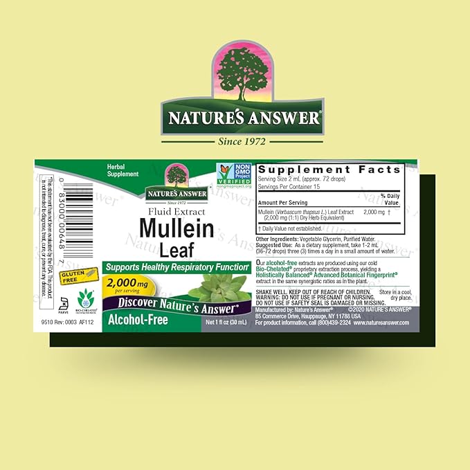 Nature's Answer Mullein Herb - Mullein Leaf Extract for Lungs - Alcohol Free, Non GMO, Made in USA - Supports Respiratory Function & Promotes Healthy Lungs - Mullein Leaf 1 Ounce Extract