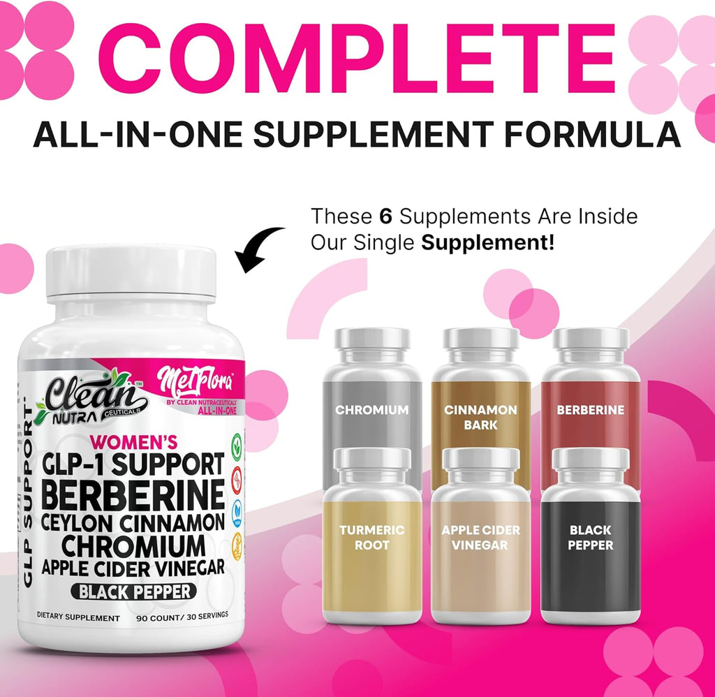 Clean Nutra Women's GLP-1 Support Complex, Berberine with Ceylon Cinnamon, Chromium, Apple Cider Vinegar, 90 Capsules