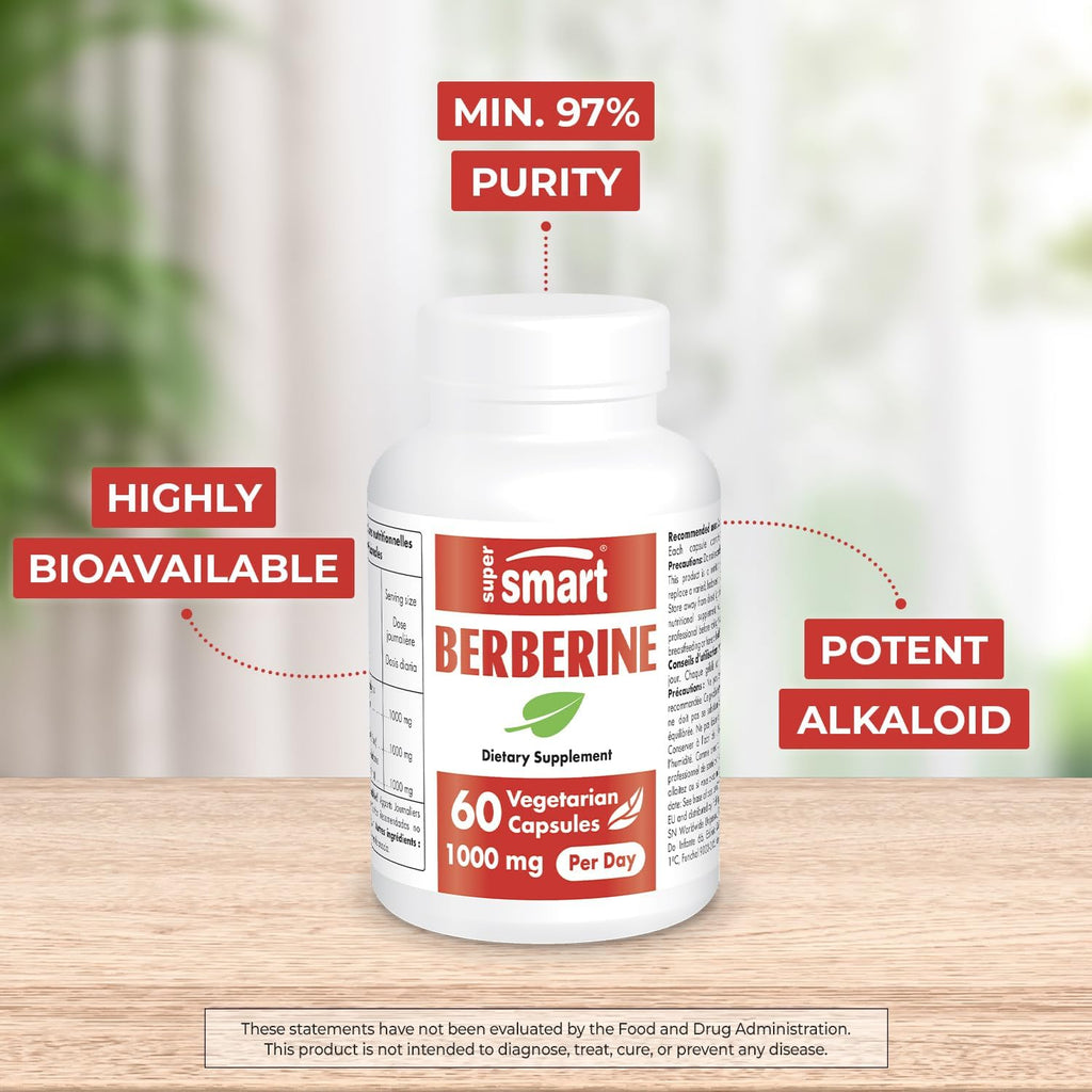 SuperSmart - Berberine HCl Supplement 1000mg per Day (Min. 97% Purity) - Potent Berberis Vulgaris Extract from Barberry | Non-GMO & Gluten Free - 60 Vegetarian Capsules