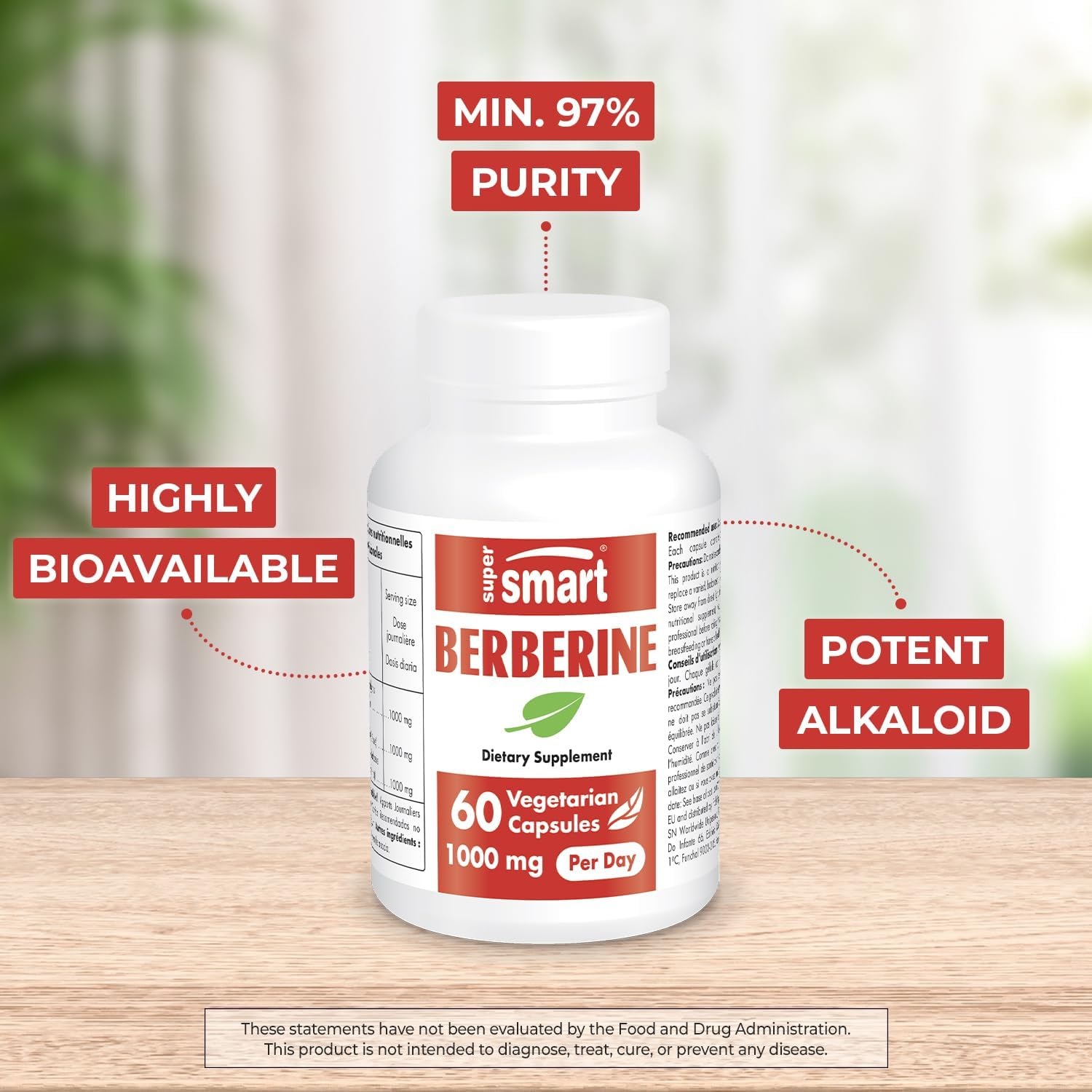 SuperSmart - Berberine HCl Supplement 1000mg per Day (Min. 97% Purity) - Potent Berberis Vulgaris Extract from Barberry | Non-GMO & Gluten Free - 60 Vegetarian Capsules