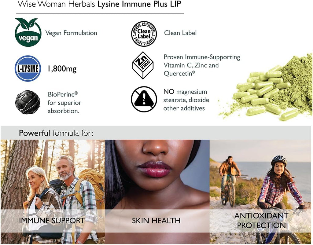 Wise Woman Herbals Lysine Immune Plus Lip, Additive-Free Non-GMO Formula, High-Potency L-Lysine & Immunity Blend, Lip & Skin Health Support, Natural Immune Defense, 120 Veg Caps