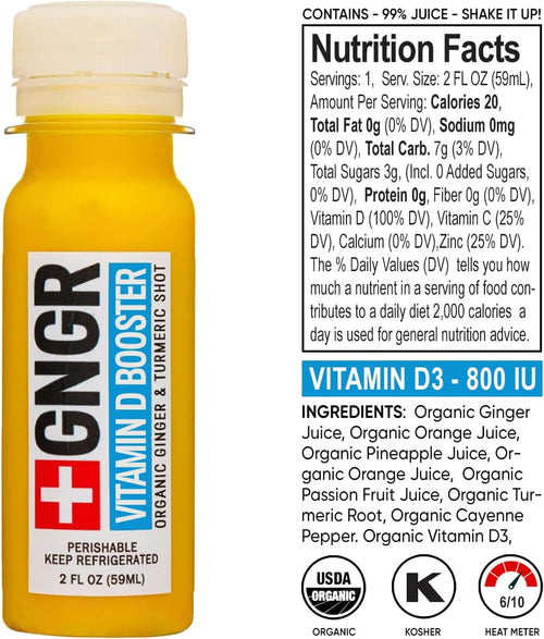 +GNGR Vitamin D Booster – Tropical Immunity Booster Edition Cold-Pressed Ginger Shot with Pineapple, Passion Fruit, Orange, Turmeric & Vitamin D3. Mood, Immunity & Energy. 2 fl oz (Pack of 12)