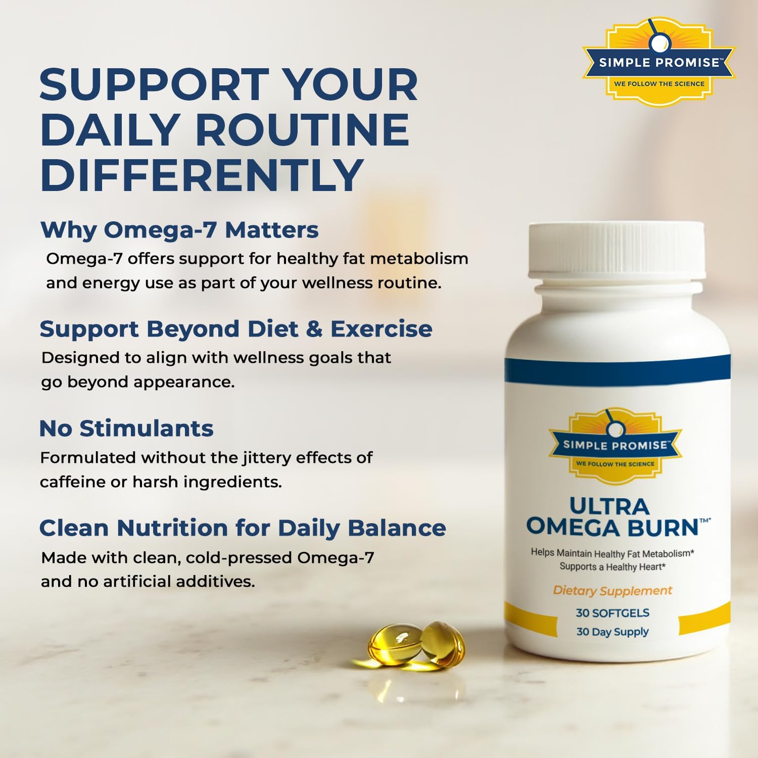 Simple Promise Ultra Omega Burn - Omega-7 Supplement with Pure Palmitoleic Acid - Fish Oil for Metabolism, Weight Support & Cardiovascular Health - Healthy Heart Support for Men & Women | 30 Softgels
