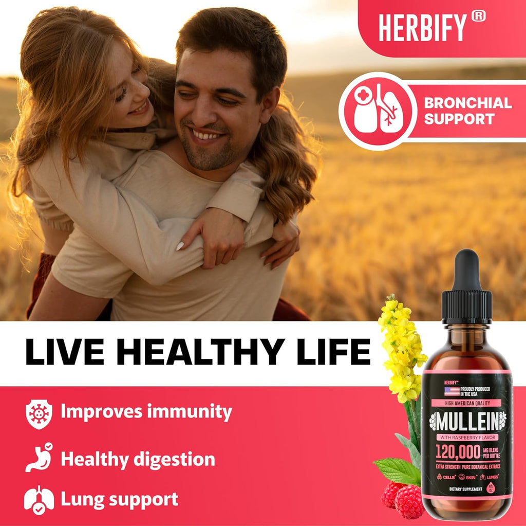 HERBIFY Mullein Drops - Lung Cleanse - Leaf Extract - Powerful Mullein for Immune Support, Detox & Respiratory Support - Made in USA - 4 Oz Raspberry Flavor