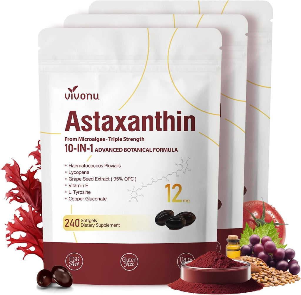 Astaxanthin 12mg, 720 Softgels, Fresh Haematococcus Pluvialis 10 in 1 Astaxanthin Antioxidant Supplements, Contains Lycopene, Grape Seed, Vitamin E, Supports Eye Joints Skin Health, 3Bag