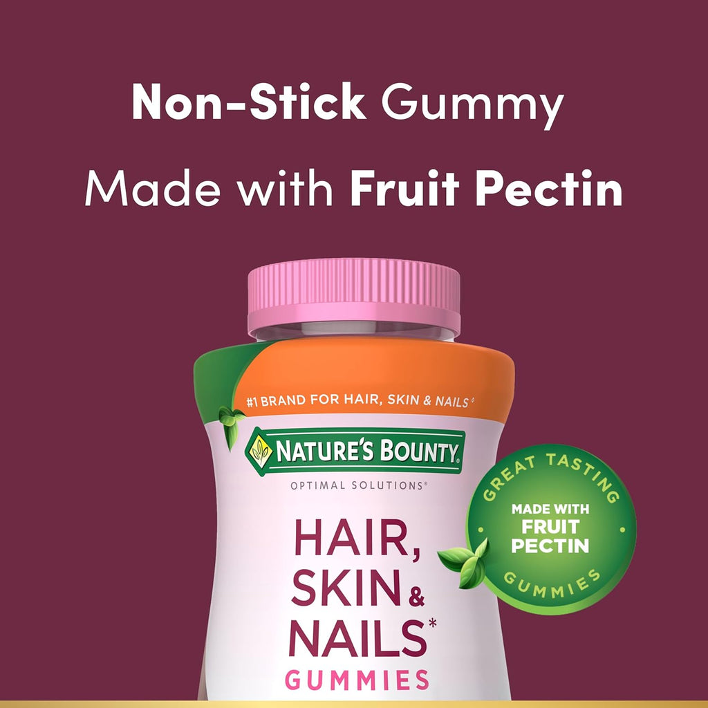 Nature's Bounty Optimal Solutions Hair, Skin and Nails Collagen Pectin Gummies, 100 mg Collagen and 2,500 mcg Biotin Per Serving, No Stick Gummy, Tropical Citrus Flavor, 200 ct, 100 Total Servings