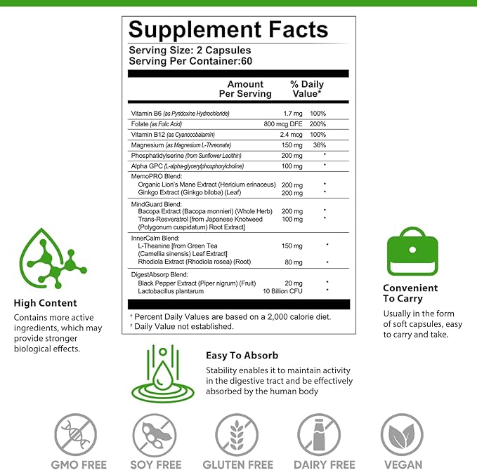 Nootropic Brain Supplement for Memory & Focus Support– BDNF Essentials for Enhanced Cognitive, Mental Clarity & Mood Clarity with Bacopa Monnieri, Lion's Mane, Alpha GPC & More – 120 Capsules