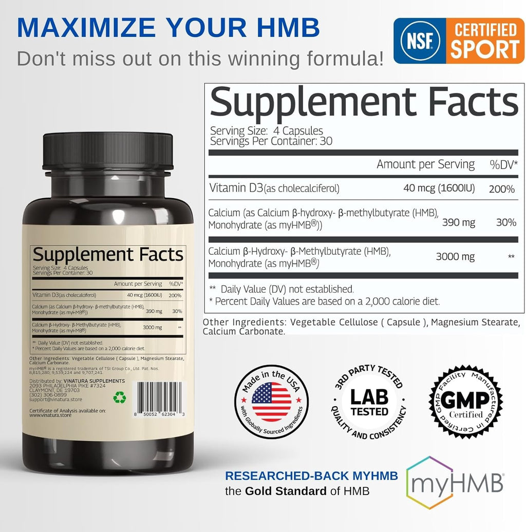 HMB 3000mg and Vitamin D3 Supplement Capsules per Serving *USA Made & Tested* Promotes Muscle Growth & Recovery - HMB Supplement and Vitamin D3 (1600 IU) - 120 Capsules 30 Servings