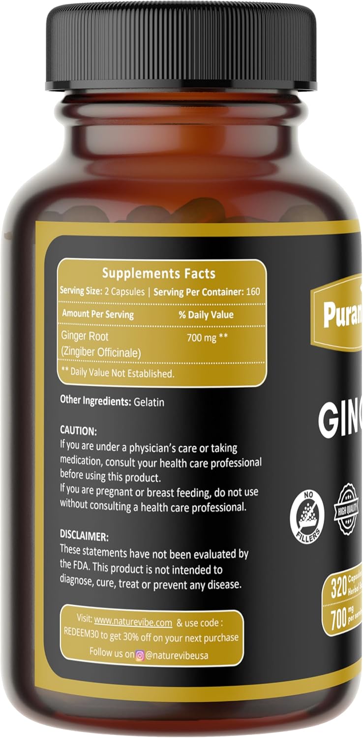Ginger Premium 320 Capsules Non GMO and Gluten Free | Herbal Supplement | 700 mg Per Serving | Made with 100% Pure Ginger Root Powder