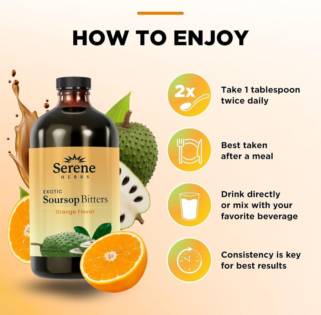 Serene Herbs Soursop Bitters Liquid – Organic Herbal Sour SOP Guanabana with Black Seed, Moringa, Irish Moss & Ginger – Gut Support, Energy & Immune Boost – Vegan, Non-GMO – Orange Flavor – 16 oz