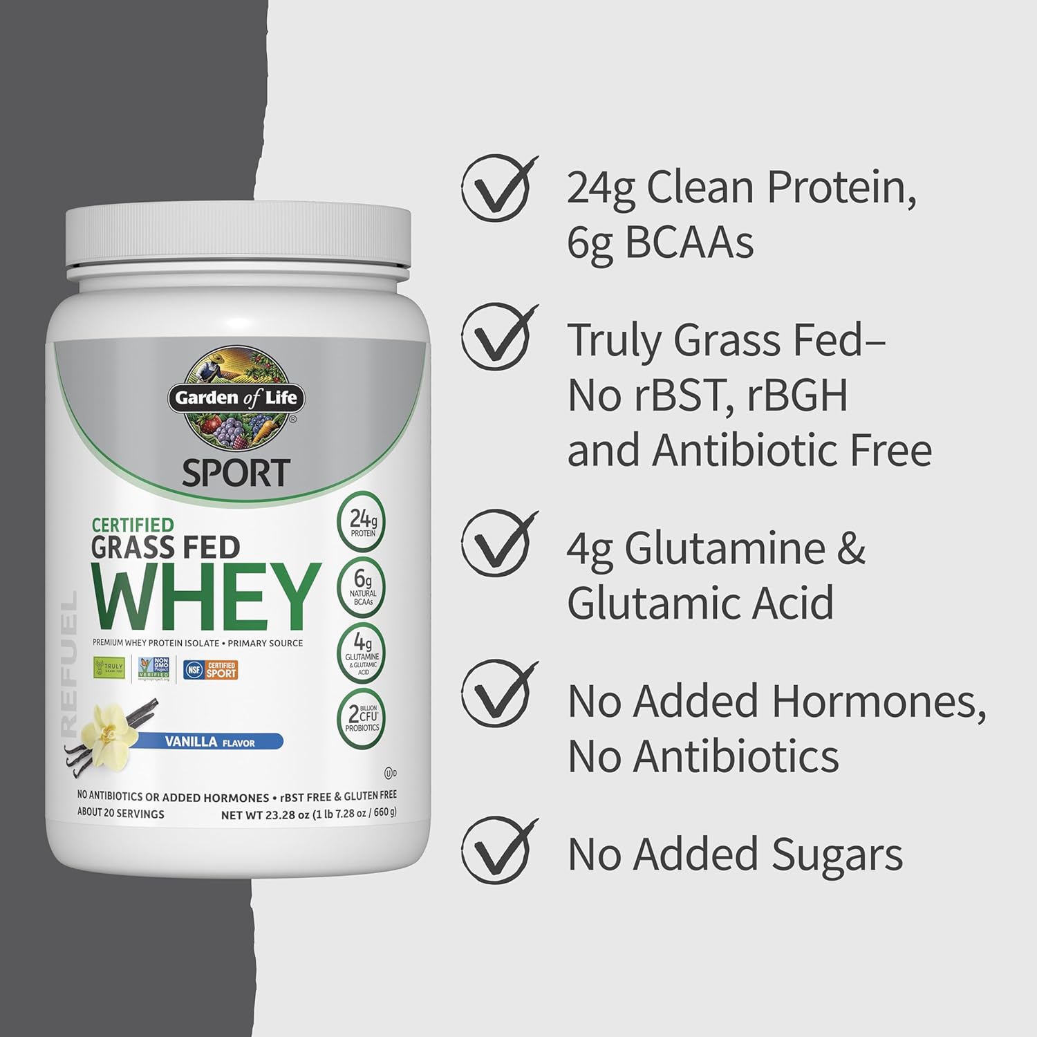 Garden Of Life, Protein Powder Sport Whey Grass Fed Vanilla, 23 Ounce