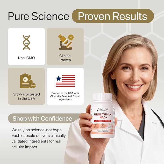 Gynable Urolithin A NAD+ Complex with Trans-Resveratrol & PQQ - Cellular Energy & Muscle Strength,Longevity Supplement for Sleep & Focus,Mitochondrial Health - NR NMN Alternative Made & Tested in USA