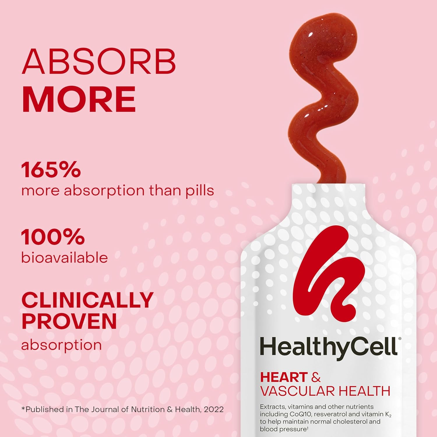 Healthycell Heart & Vascular Health Daily Liquid Supplement - Blood Pressure & Cholesterol Support with Beet Root Powder, Resveratrol, CoQ10, Omega-3 & Vitamin K - 30 Gel Packs