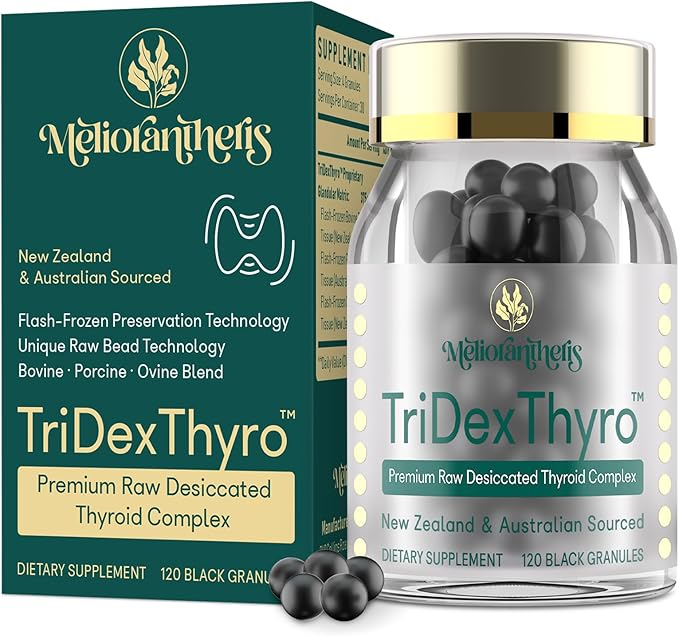 Thyroid Supplement – TriDexThyro™ Raw Desiccated Thyroid Complex 375 mg with Bovine, Porcine & Ovine –120 Capsules for Women and Men（1 Pack）