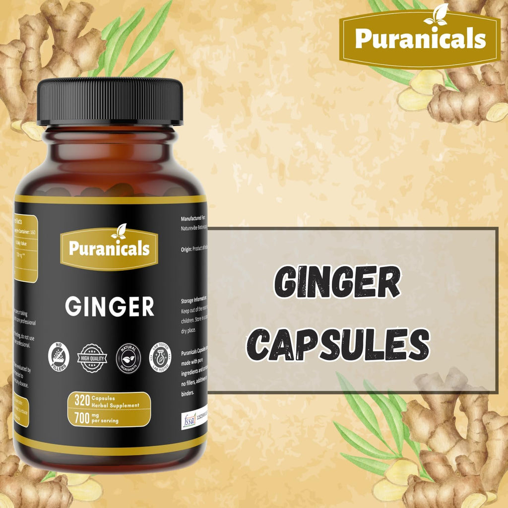 Ginger Premium 320 Capsules Non GMO and Gluten Free | Herbal Supplement | 700 mg Per Serving | Made with 100% Pure Ginger Root Powder