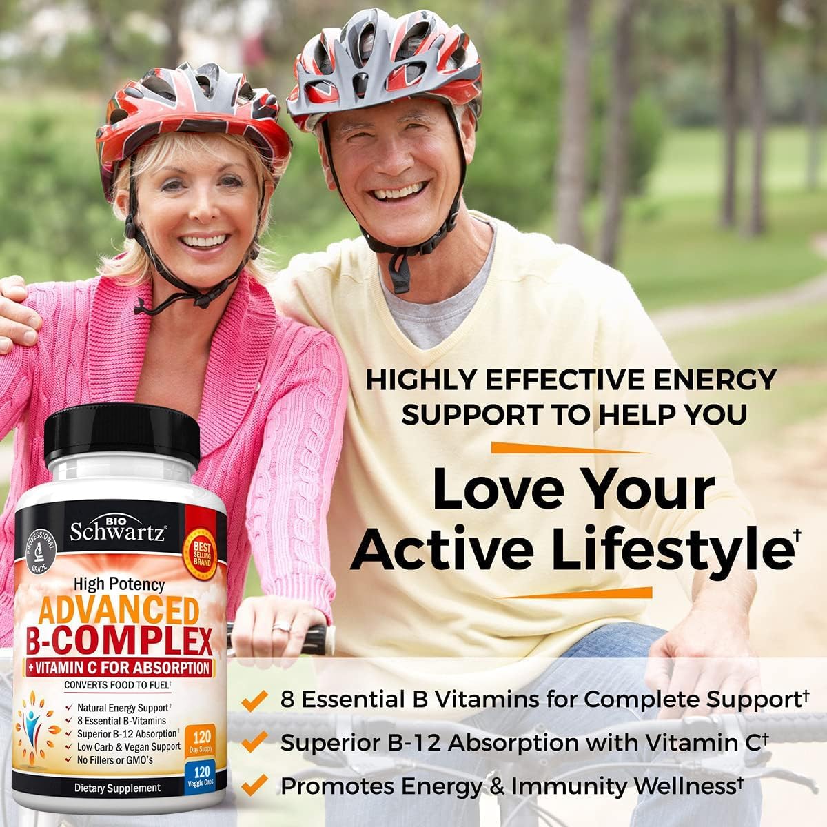 Vitamin B Complex with Vitamin C for Maximum Absorption - Methylcobalamin b12 & Folate Folic Acid Supplement - B1 B2 B3 B5 B6 B7 B9 for Immune Energy & Nervous System Support - Non-GMO, 120 count