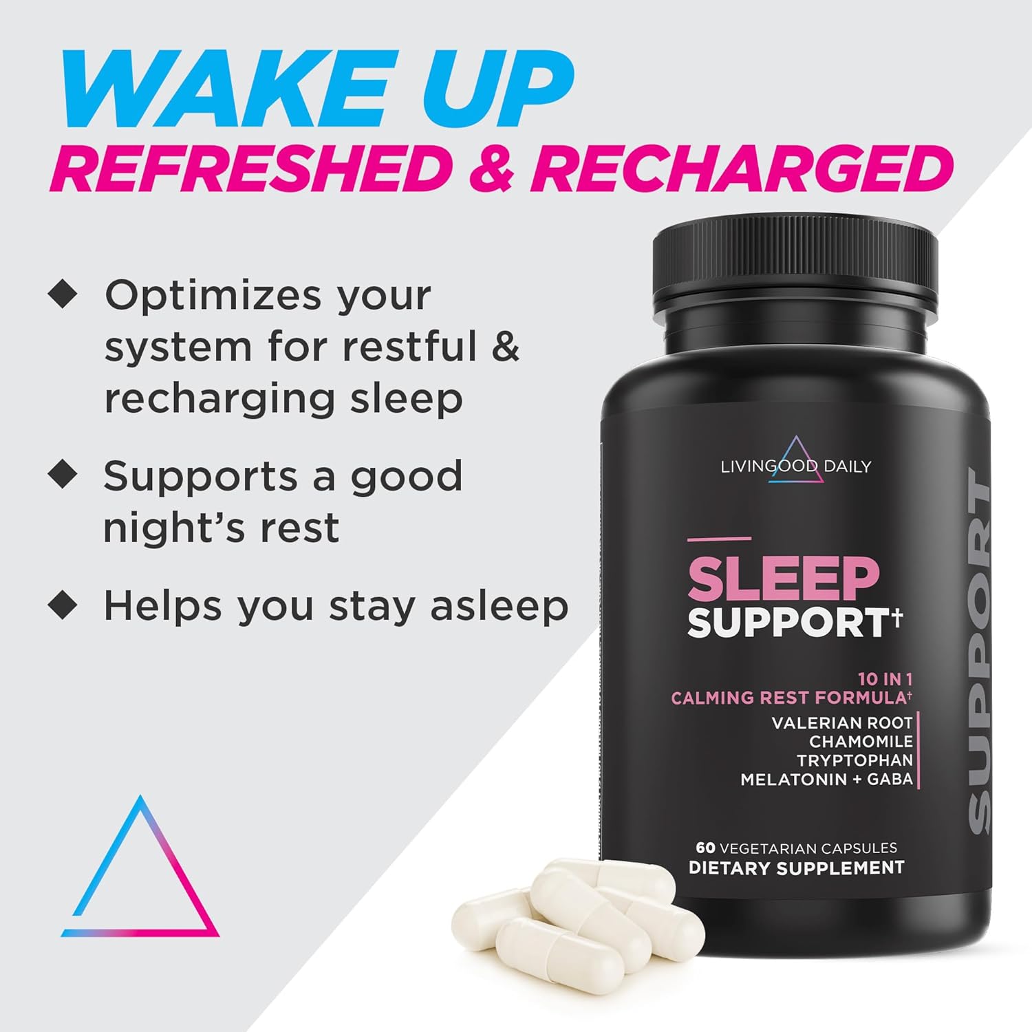 Livingood Daily Sleep Support Supplement, 10-in-1 Natural Sleep Aid with 5 MG Melatonin, Valerian Root, Chamomile, Tryptophan & GABA for Men & Women, Non Habit Forming, Gluten Free, Vegan, 60 Capsules