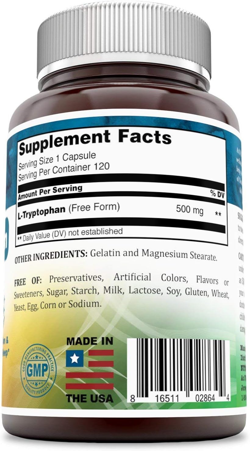 L-Tryptophan Dietary Supplement - Natural Sleep Supplements with 500 mg of Free Form L Tryptophan - Circulation & Immune Support 120 Capsules