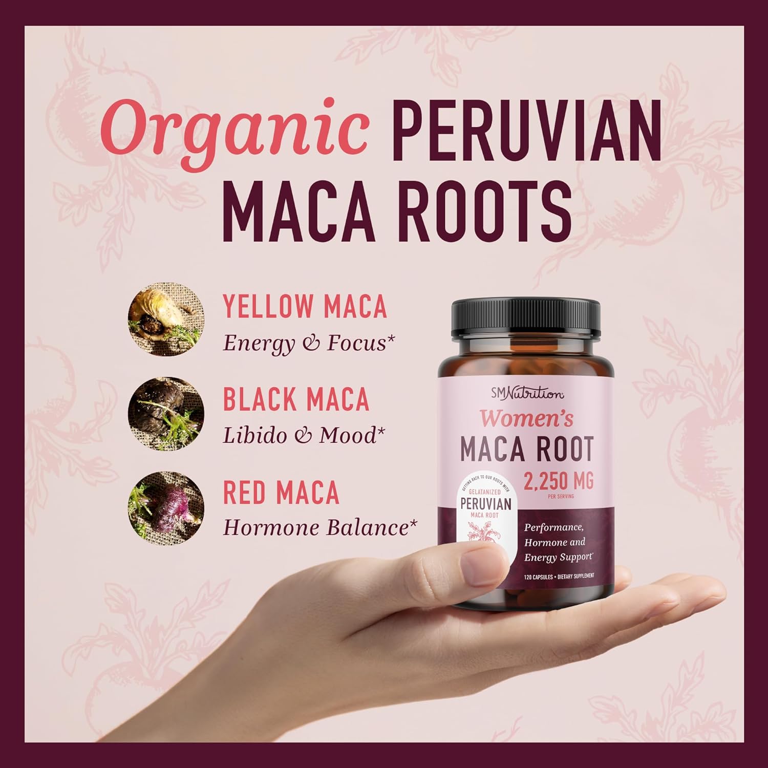 Organic Maca Root Capsules for Women | Peruvian Maca 2250MG Extra Strength | Red, Black & Yellow Root Powder with Black Pepper | Herbal Supplement to Support Energy & Hormone Balance | 120 Ct