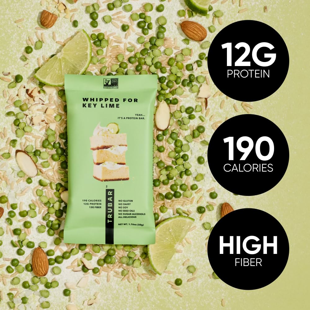 TRUBAR Vegan Protein Bar, Whipped for Key Lime, Gluten Free, Plant Based, High Fiber, Dairy Free, Low Fat, Non GMO, No Sugar Alcohols, 12G Lean Protein, 13G Fiber, Healthy Snack Bars, 12 CT