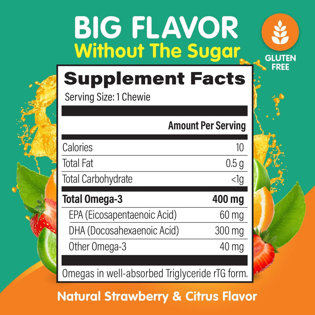 Omega 3 Gummies - Ultra-High DHA Chewable Gel Gummy - for Kids Supports Brain & Eye Health - Sugar-Free Natural Fruit Flavor - Kids Omega 3 Fish Oil Gummies (6 Pack)