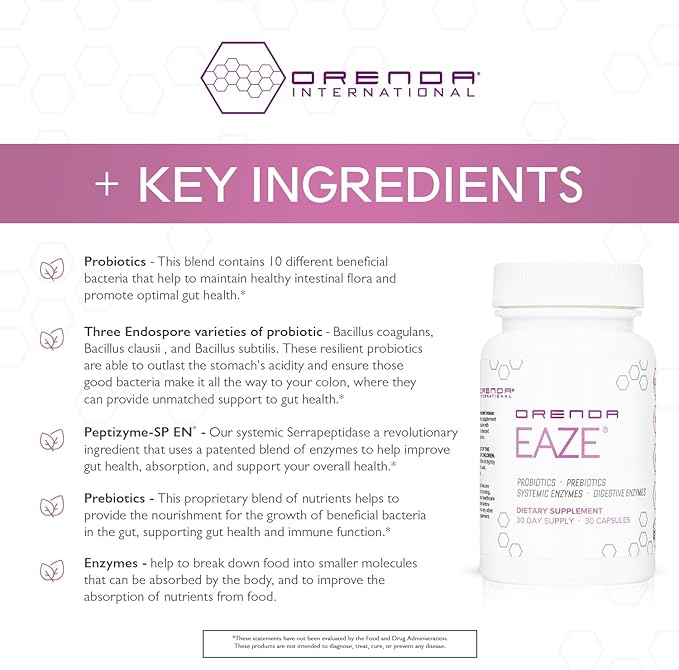 Orenda Eaze®: Gut Wellness Capsules | 6-in-1 Digestive Support with Probiotics, Endospores, Peptizyme-SP EN, Prebiotics, and Digestive Enzymes - Elevate Your Gut Health Today - 30 Capsules