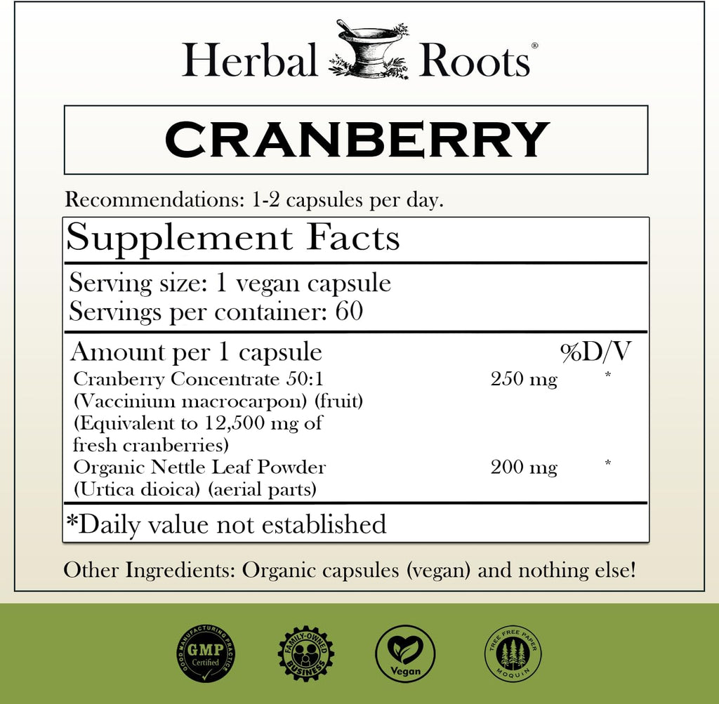 Herbal Roots Extra Strength Cranberry Pills for Women & Men with Organic Nettle | Urinary Tract Health | 60 Vegan Capsules