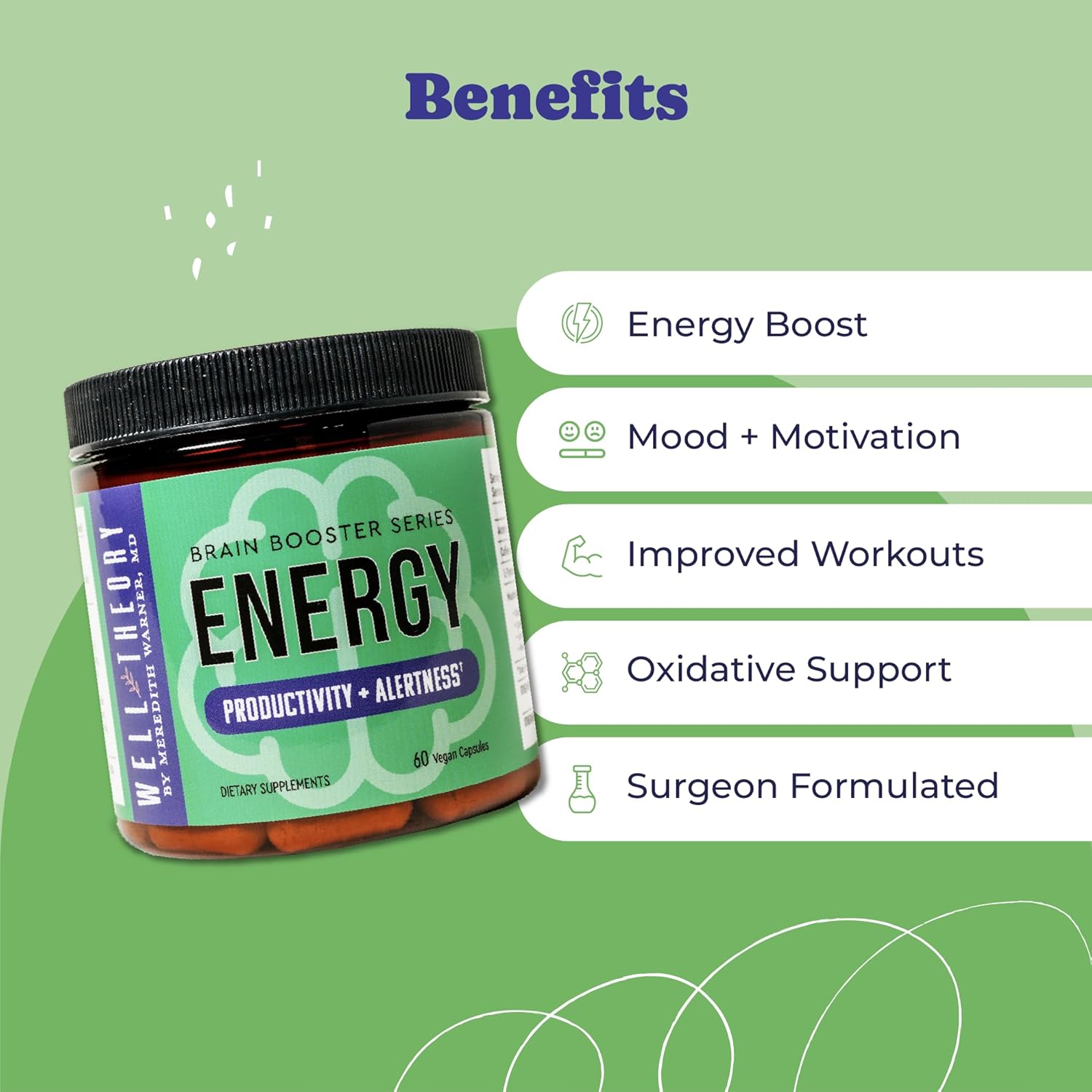 Energy Brain Booster | Supports Focus, Mood, and Cognitive Function | with Acetyl-L-Carnitine, L-Tyrosine, and Lion’s Mane | 60 Capsules
