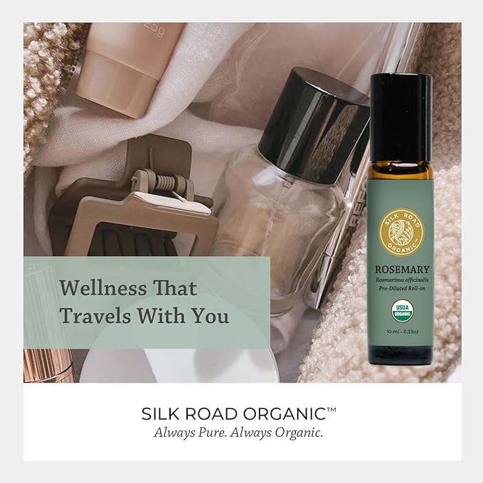 Silk Road Organic Rosemary Essential Oil & Jojoba Roll On, USDA Certified, Support Hair Growth & Health - 10 ml Aromatherapy Roller