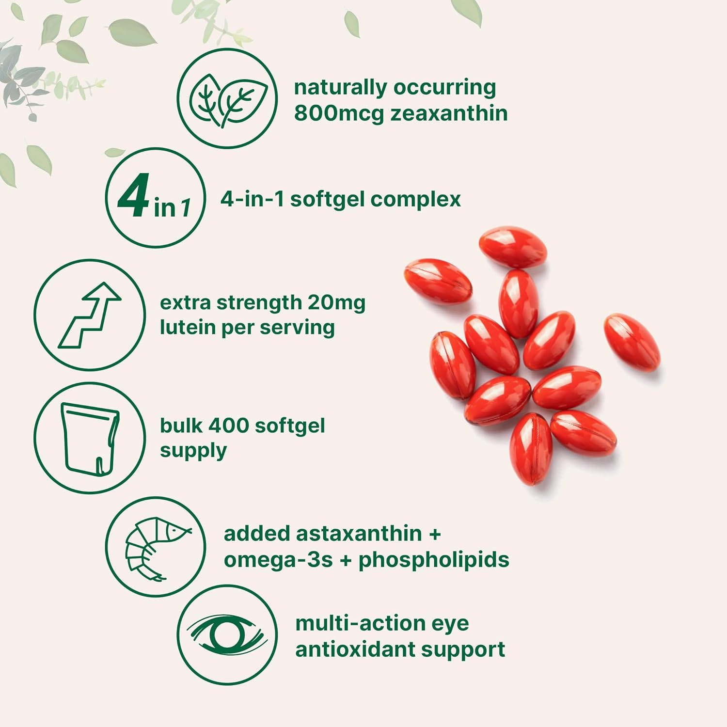 Micro Ingredients Lutein & Zeaxanthin 20mg Softgels, 400 Count, with Astaxanthin, Omega-3s, & Phospholipids | Eye + Vision Health Vitamins | Third Party Tested, Non-GMO, Gluten Free
