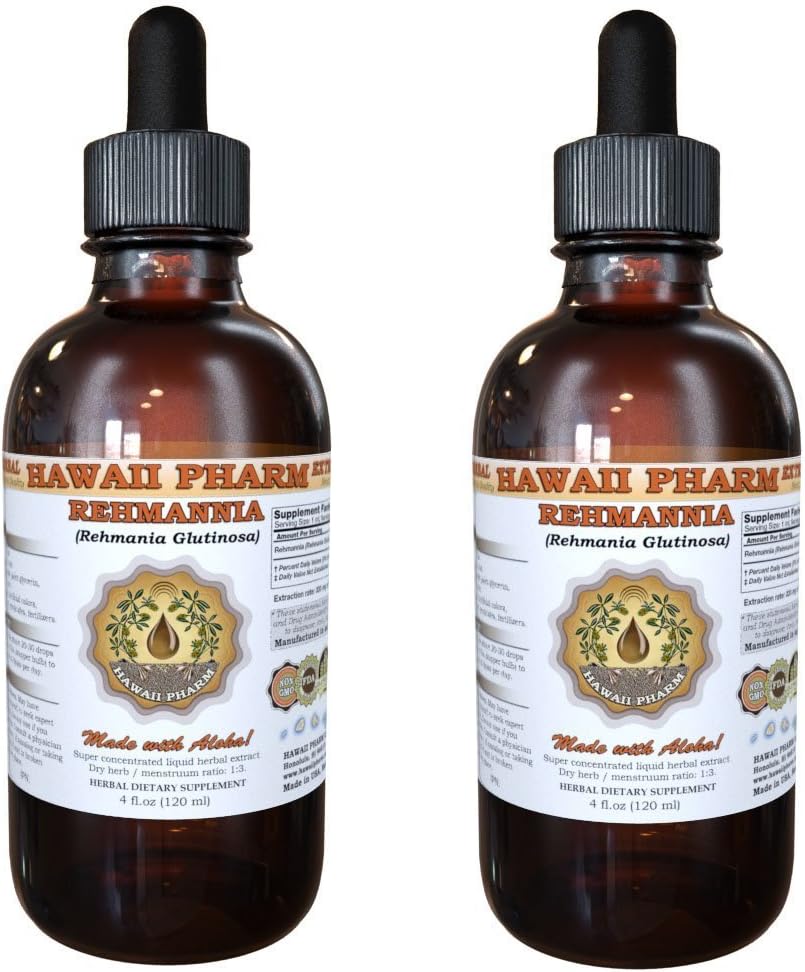 Rehmannia Liquid Extract, Organic Rehmannia (Rehmania Glutinosa) Tincture, Herbal Supplement, Hawaii Pharm, Made in USA, 2x4 fl.oz
