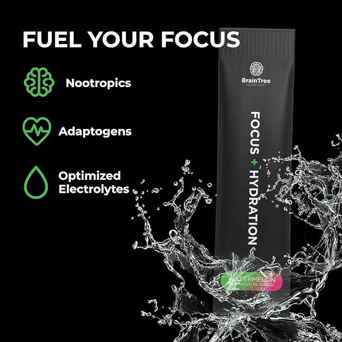 BrainTree Nutrition - Focus + Hydration - Electrolyte Drink Mix - Total Body Hydration - Supports Cognitive Function, Energy & Muscle Recovery - Sugar Free - Watermelon - 30 Stick Packs