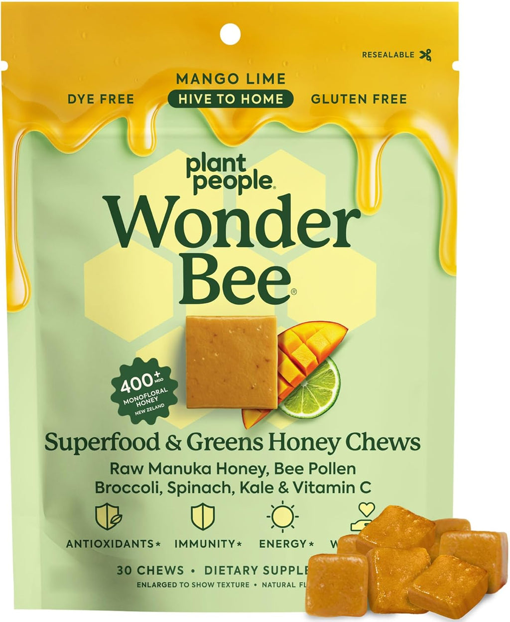 Plant People WonderBee Super Greens Manuka Honey Chews - Bee Pollen, Super Greens & Vitamin C - Immune Support, Antioxidants & Energy Boost (30 Count)