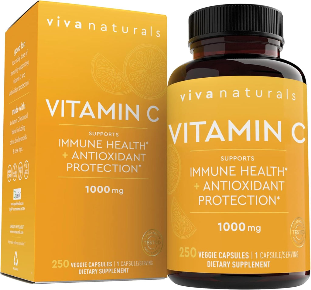 Viva Naturals Vitamin C 1000mg - Non-GMO Vitamin C Supplements with Citrus Bioflavonoids & Rose HIPS for Immune Support & Antioxidant Protection, 250 Vegetarian Capsules