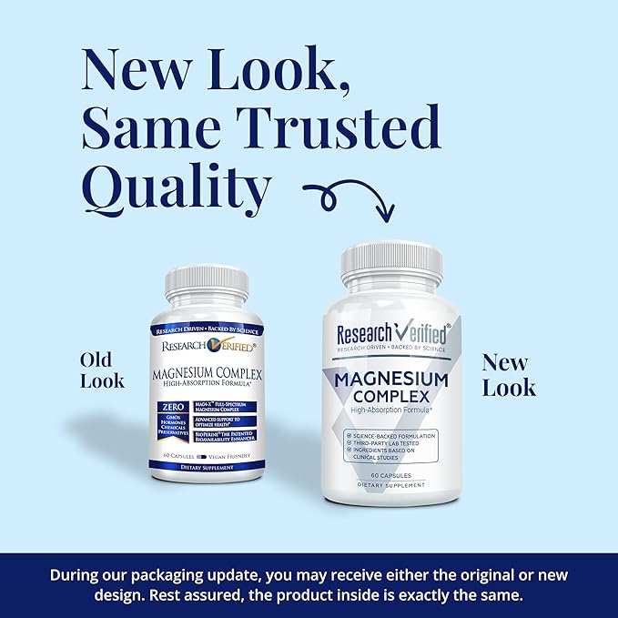 Research Verified Magnesium Complex - Brain, Muscle and Nerve Support - Magnesium Bisglycinate, Malate, Citrate, and Oxide - Bioperine - Vegan - 60 Capsules - Pack of 6