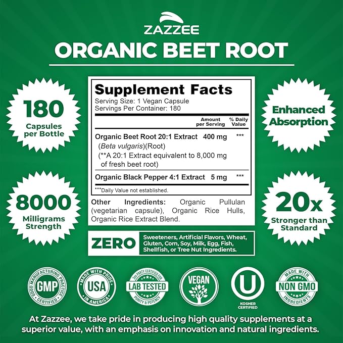 Zazzee USDA Organic Beet Root 8000 mg Strength 20:1 Extract, 180 Vegan Quick Release Capsules, Kosher, Supports Nitric Oxide Production, Black Pepper Extract for Enhanced Absorption, Made in The USA