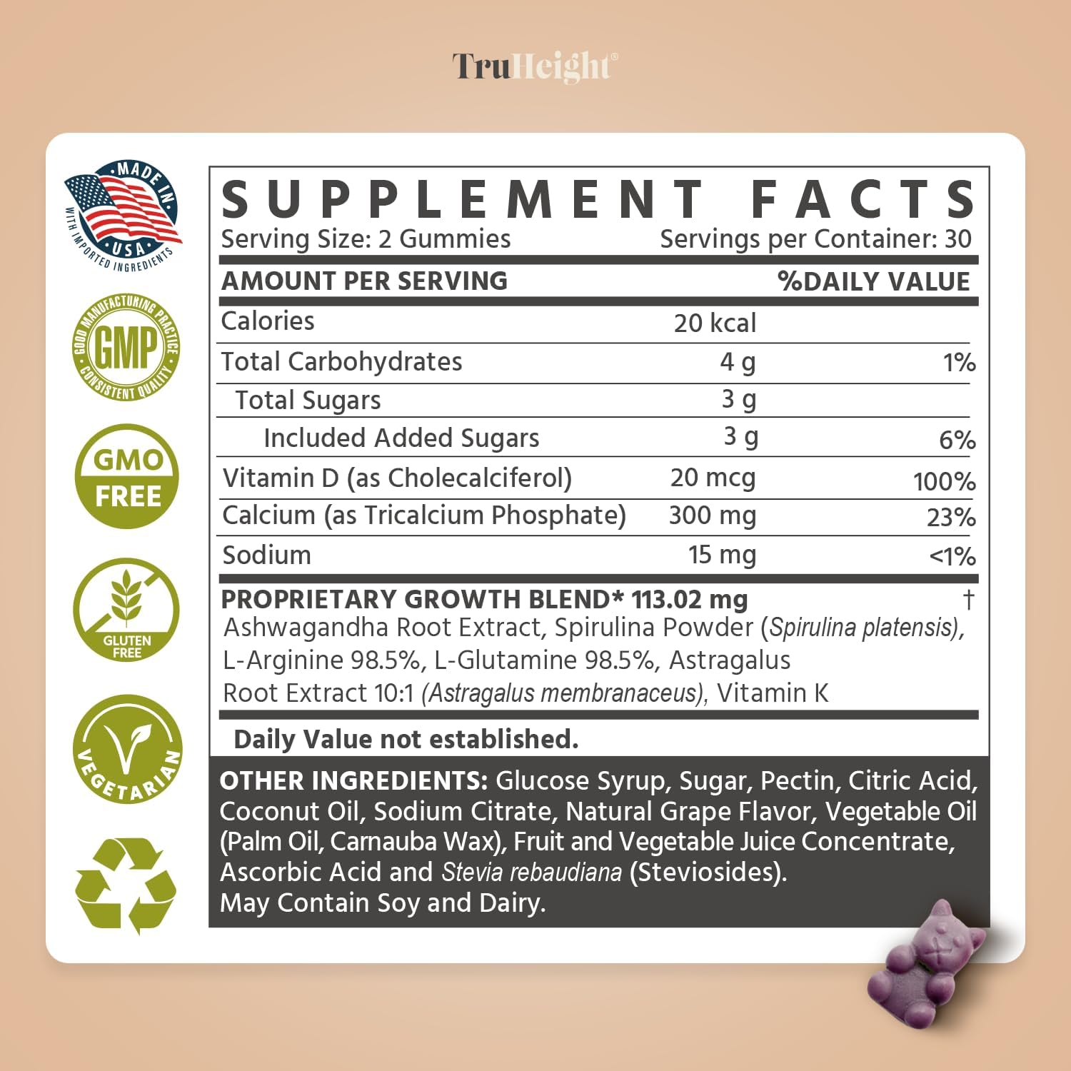 TruHeight Growth Gummies (Grape) Natural Growth & Development Supplement for Kids & Teens - Vitamin D, K, Calcium & Ashwaganda - Bone Strength Vitamins - Picky Eater Vitamin for Kids - Ages 5+