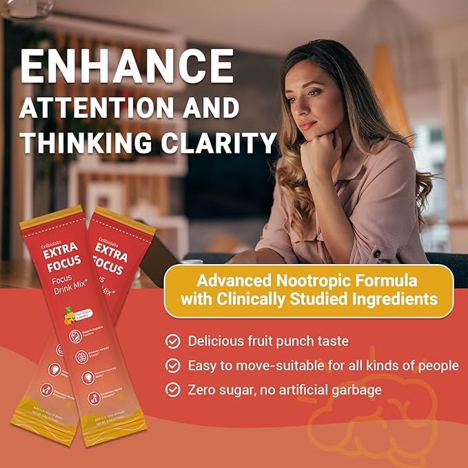 Cellbiolabs Extra Focus Drink Mix, 30 On-The-Go Stick Packs, Featuring Alpha-GPC, Lion's Mane & Rhodiola, Sugar-Free Clean Drink Mix