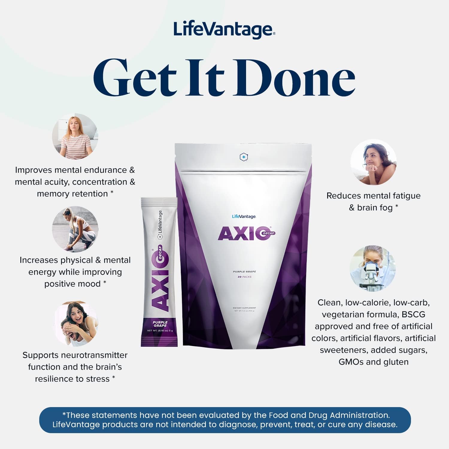 LifeVantage AXIO Regular Energy Drink Powder, Nootropic Supplement, Focus & Mood Support, with L-theanine, Green Tea, B Vitamins, DMAE, Quercetin & Pine Bark, Purple Grape, 30 Packets