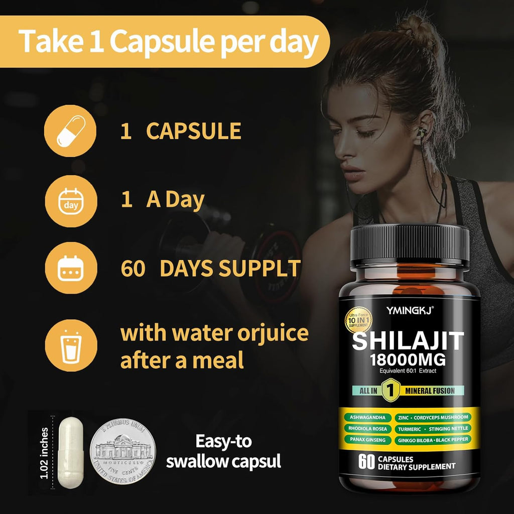 Shilajit Capsules 18000mg (60 Capsules) 10 in 1 - Shilajit Extract with Ashwagandha, Rhodiola Rosea, Panax Ginseng, Cordyceps, Turmeric, Ginkgo, Fulvic Acid Trace Minerals Supplement, Gluten Free